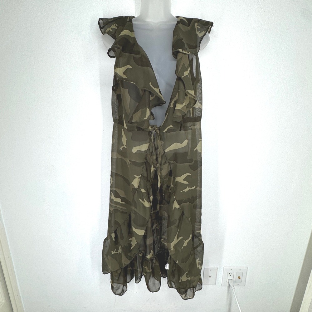 Sheer Camo Ruffle Sheer Cardigan Top Long Green Size L Military Grunge Chiffon